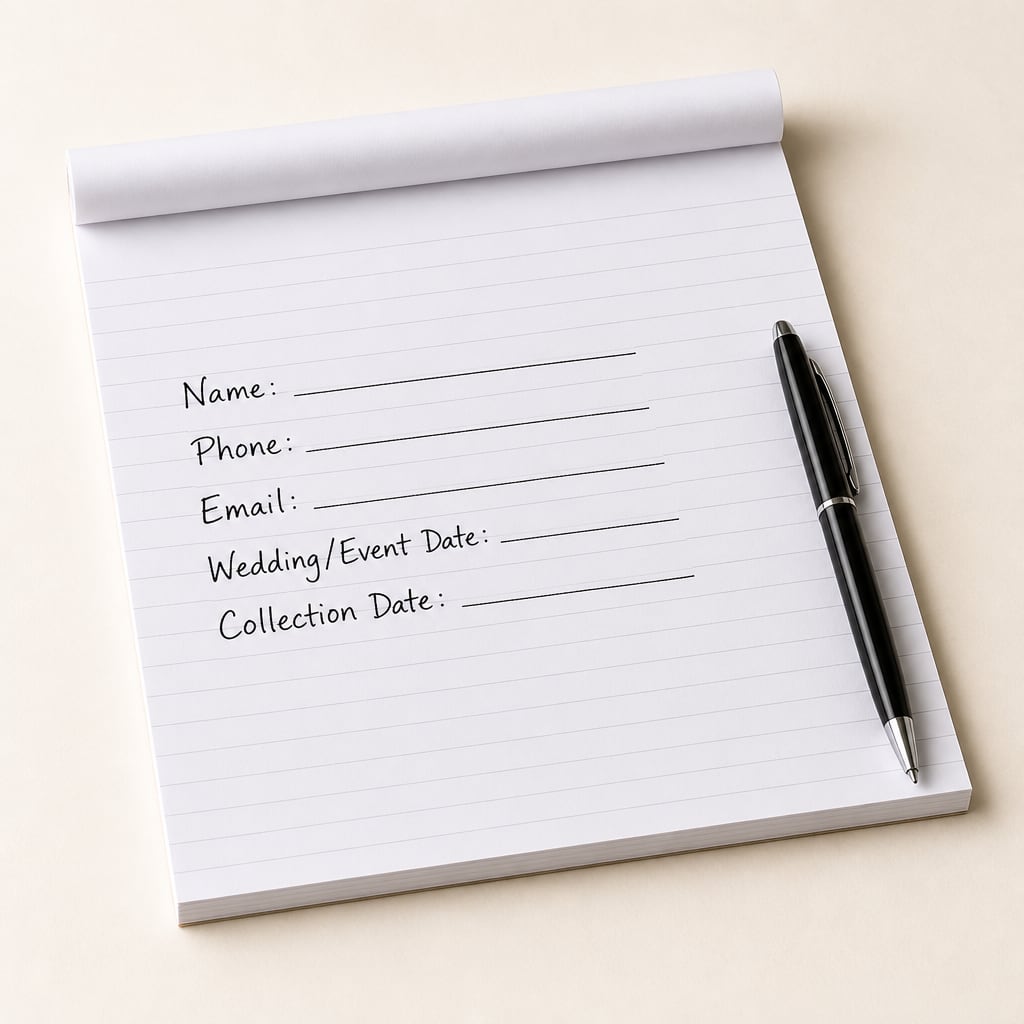 Note with name, phone, email, event date and collection date