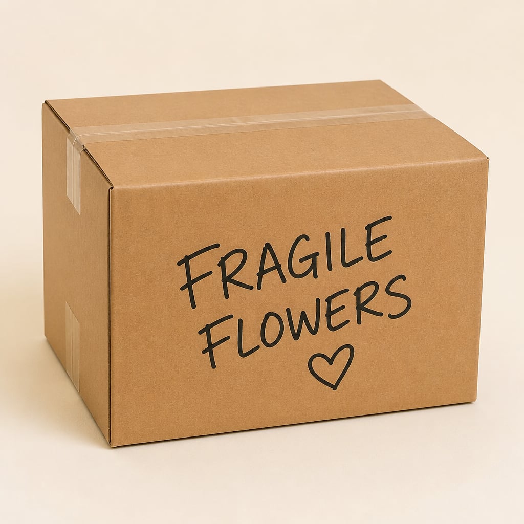 Box marked Fragile Flowers