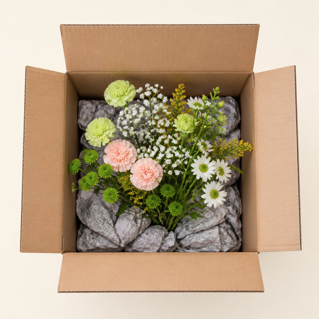Stems propped with newspaper balls in a box