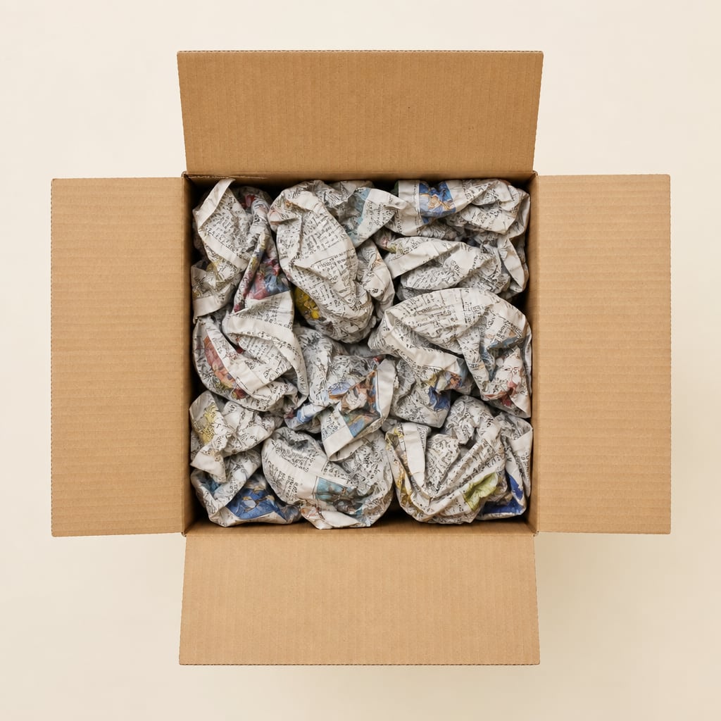 Open box packed with crumpled newspaper