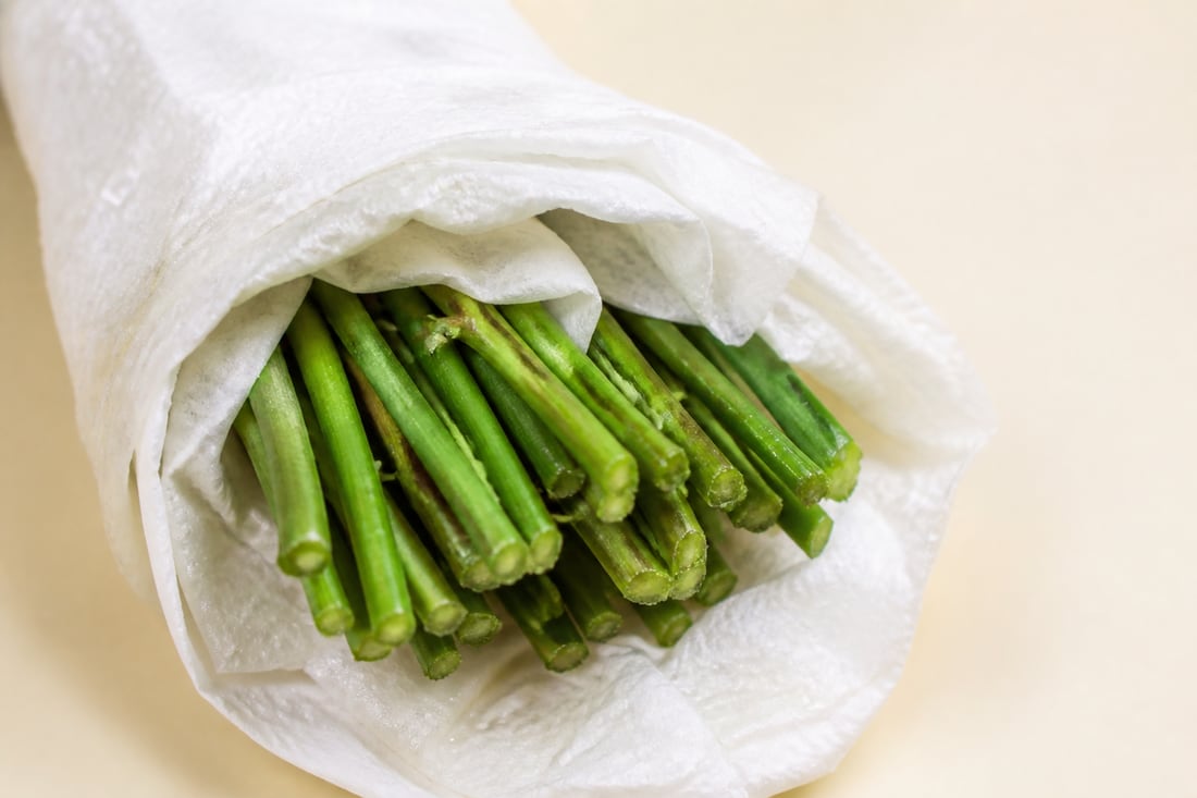 Stems wrapped in moist paper towel