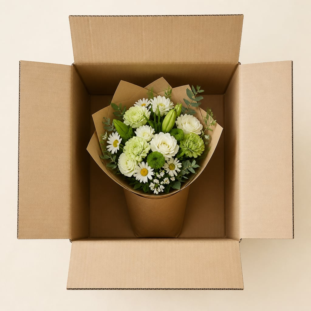 Bouquet in a paper vase standing in a box