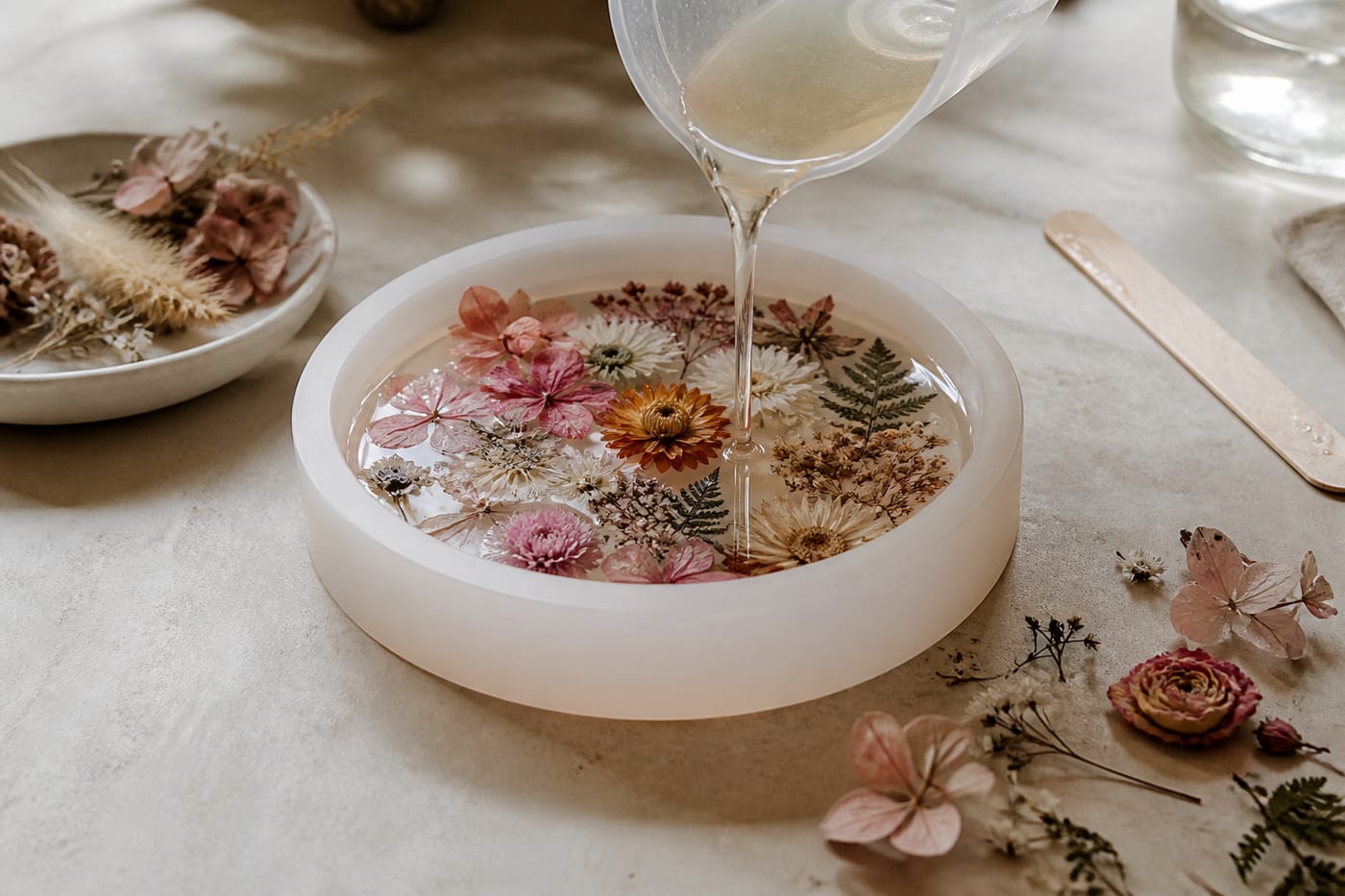 Clear resin being poured over dried flowers in a studio shape