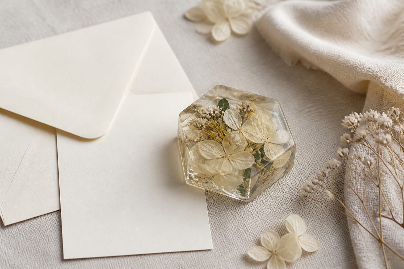 A resin keepsake beside a cream envelope, suggesting the piece is confirmed