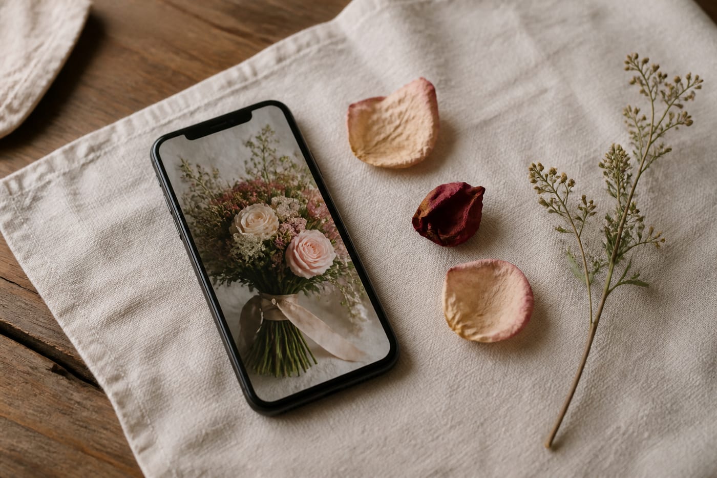 A phone showing a bouquet photograph beside dried petals on cream linen
