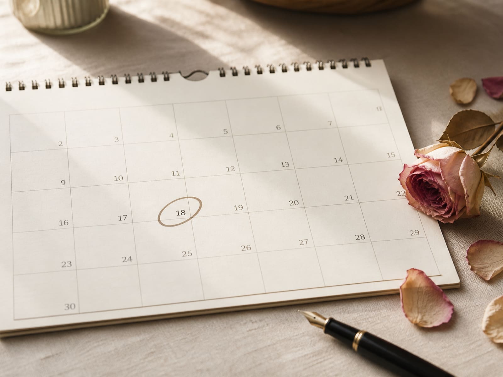 A paper calendar with a circled date, fountain pen and pressed rose on cream linen
