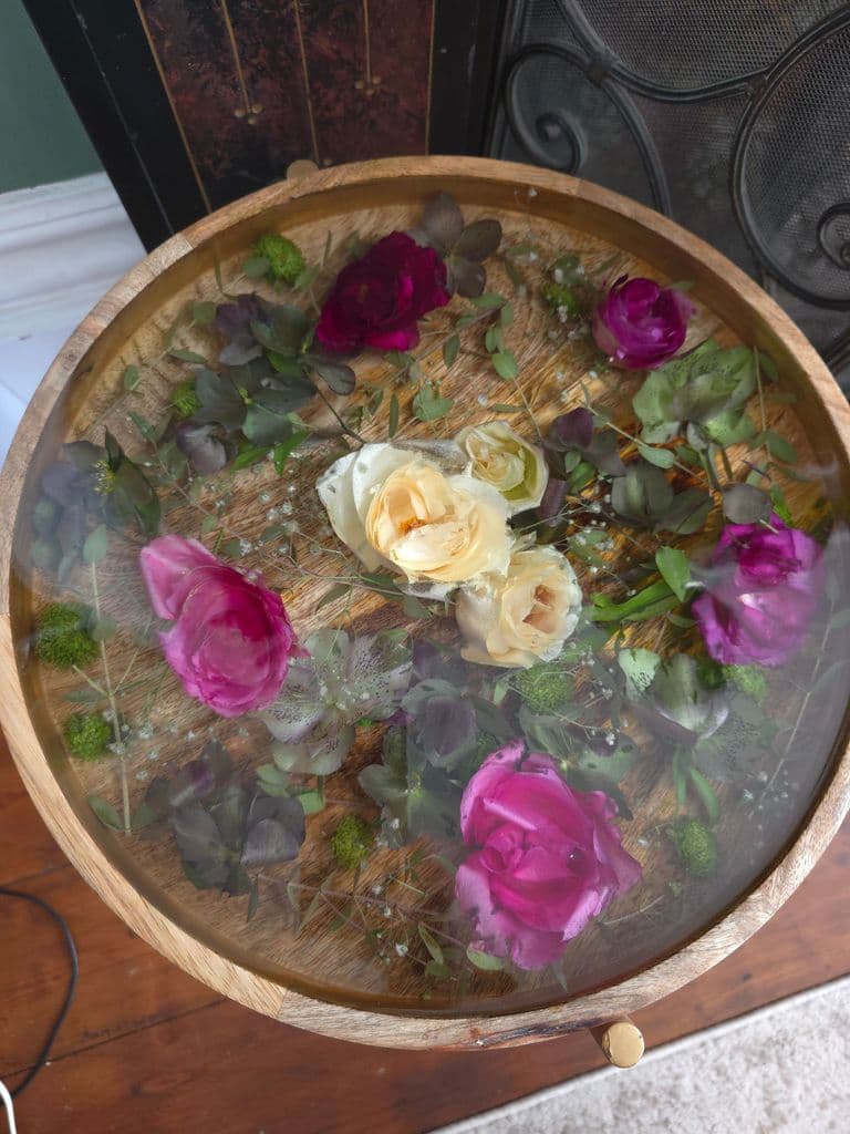 Floral resin sidetable preserved with wedding bouquet 