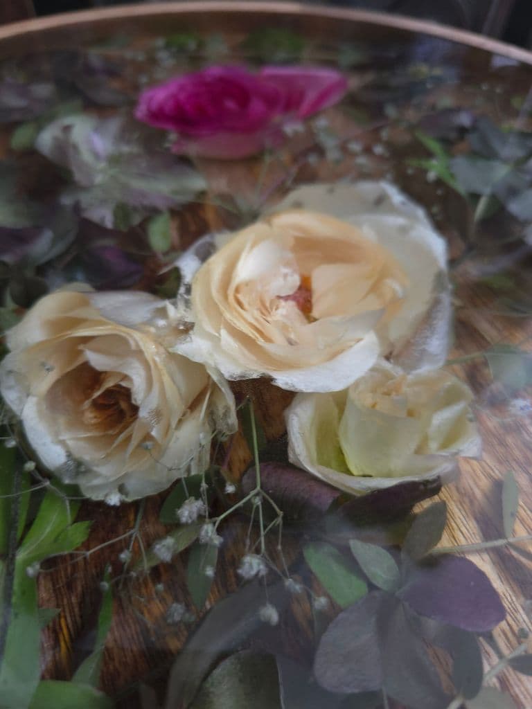 Floral resin sidetable preserved with wedding bouquet 