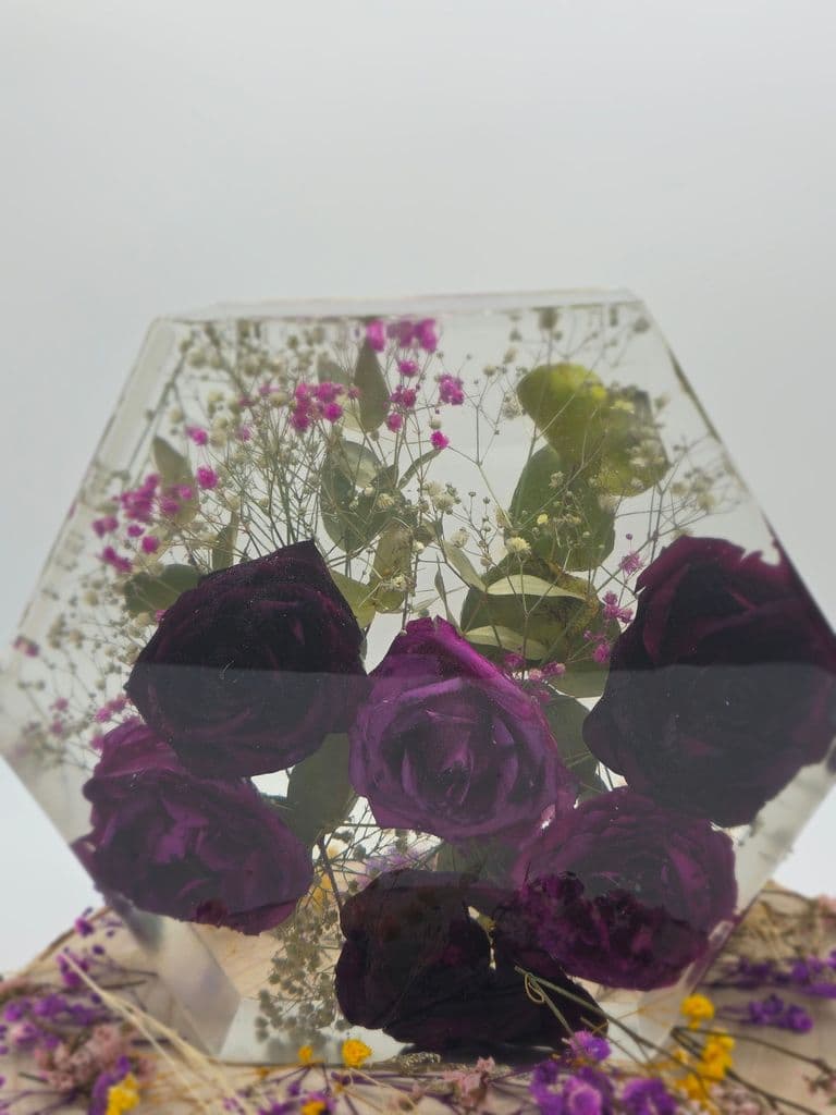 Large hexagon flower preservation in resin in cambridgeshire 
