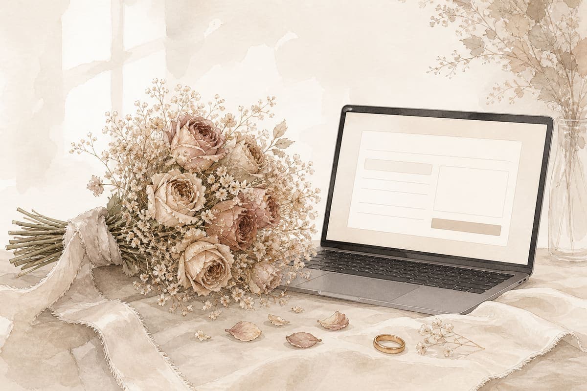 A wedding bouquet beside an open checkout on a cream linen cloth
