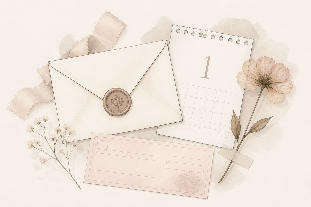 A sealed cream envelope, calendar and pressed flower for a partner payout