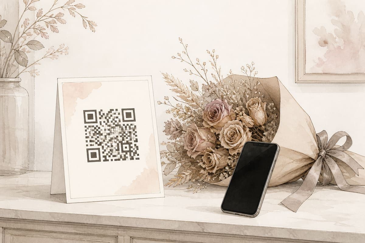 A cream QR poster beside a wrapped bouquet on a florist counter