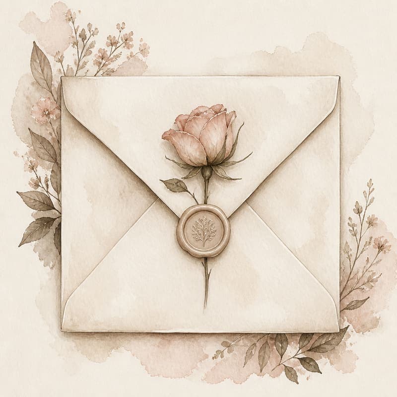A cream envelope with a pressed rose, suggesting an email already on file